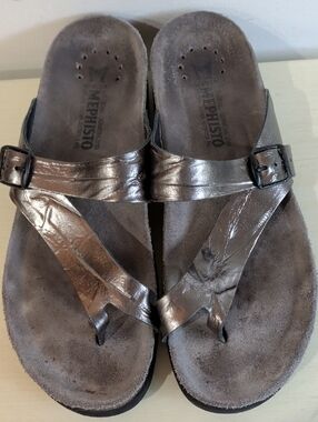 Mephisto Women's Gunmetal Metallic Leather T-strap Sandals Size EU42